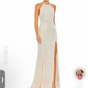 Mac Duggal Elegant Cream Sequin Gown with Slit